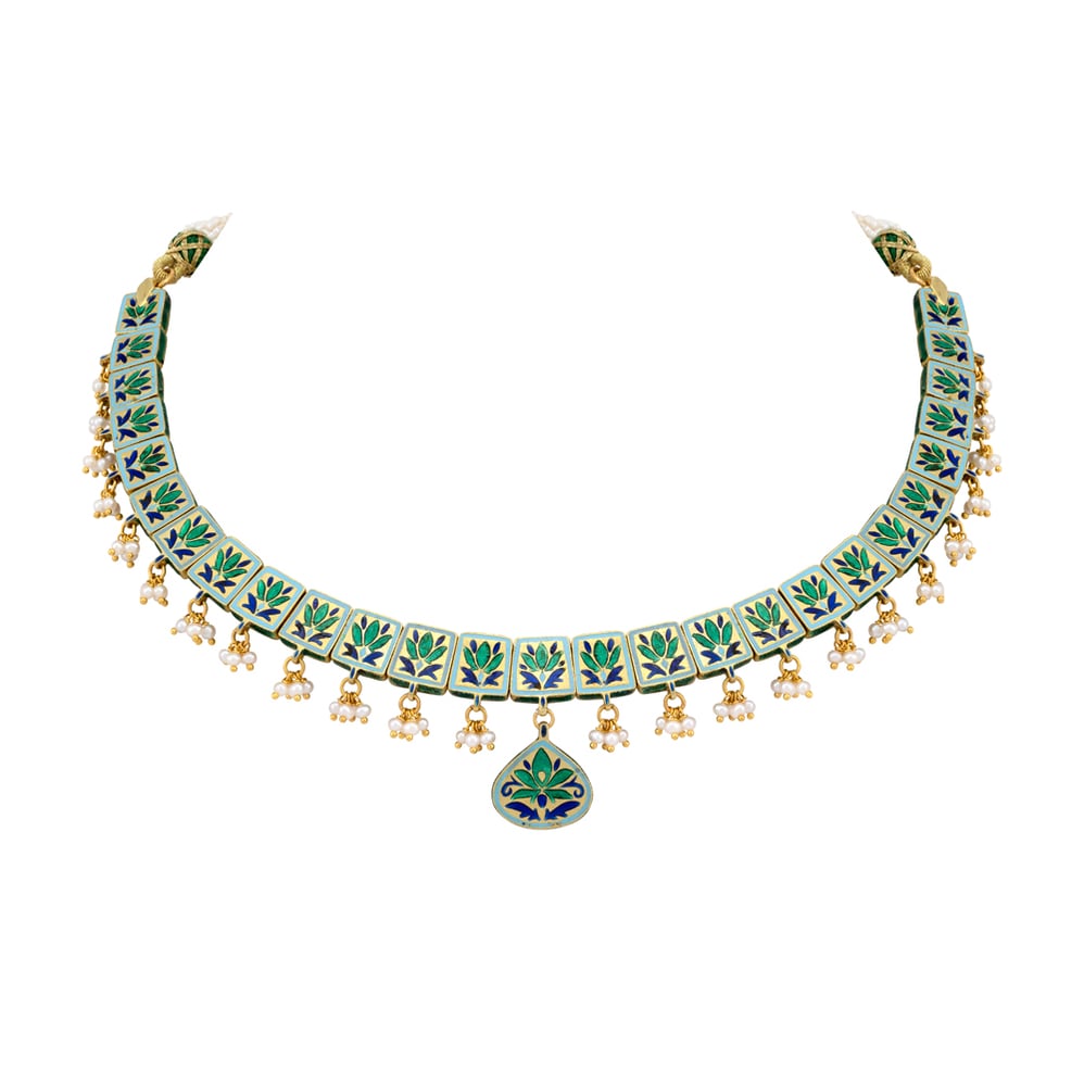 Green Meenakari Necklace with Polkis and Pearl Cheed Drops